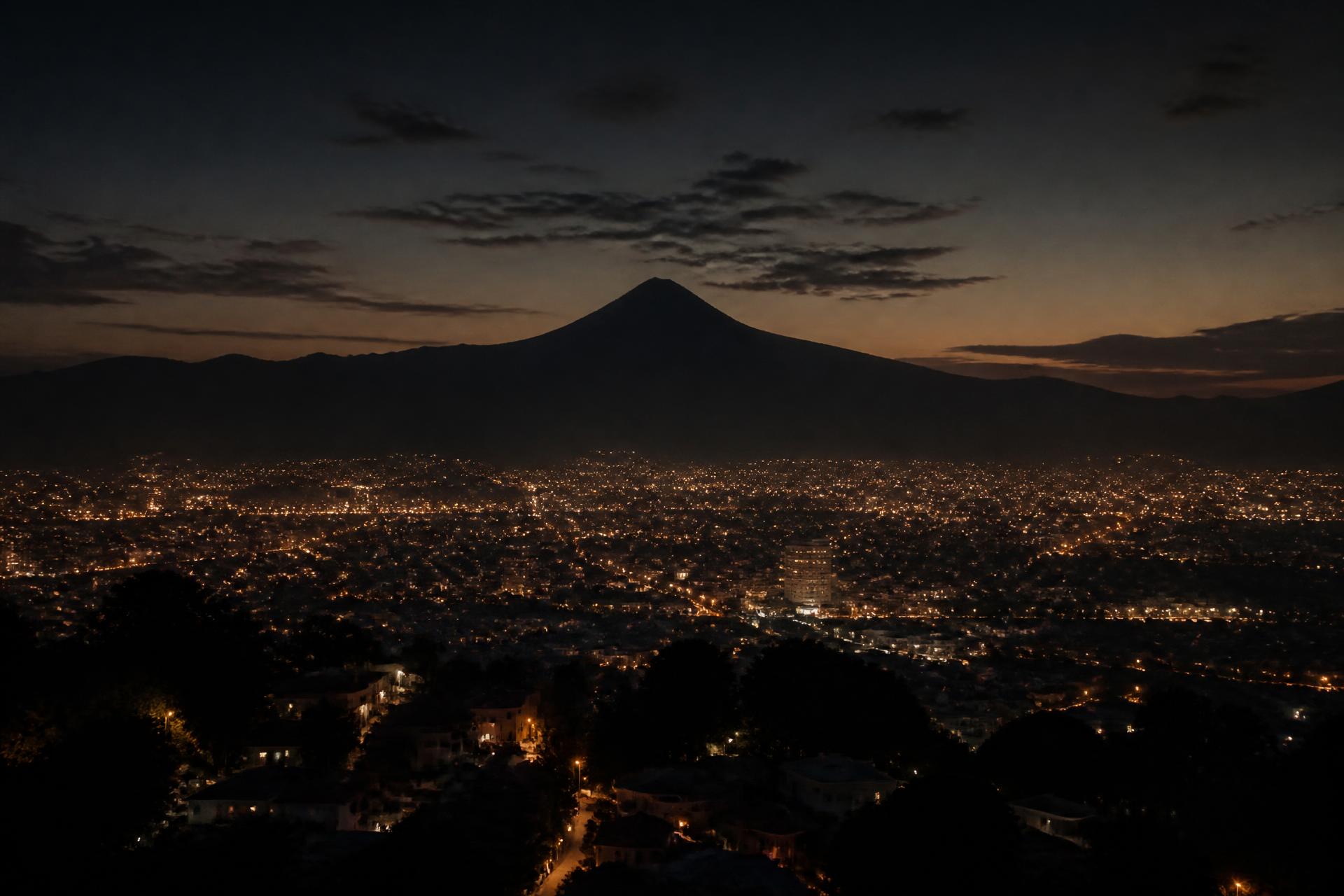 San Salvador at twilight, warm city lights beneath a volcano silhouette