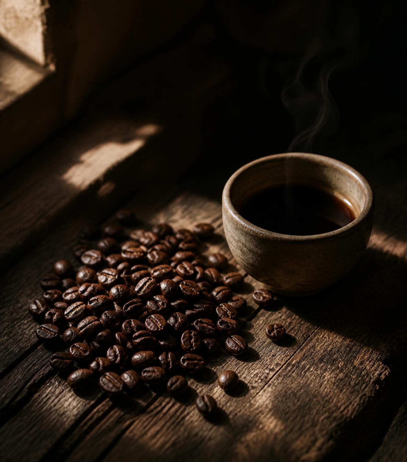 Freshly roasted coffee and a ceramic cup on dark wood