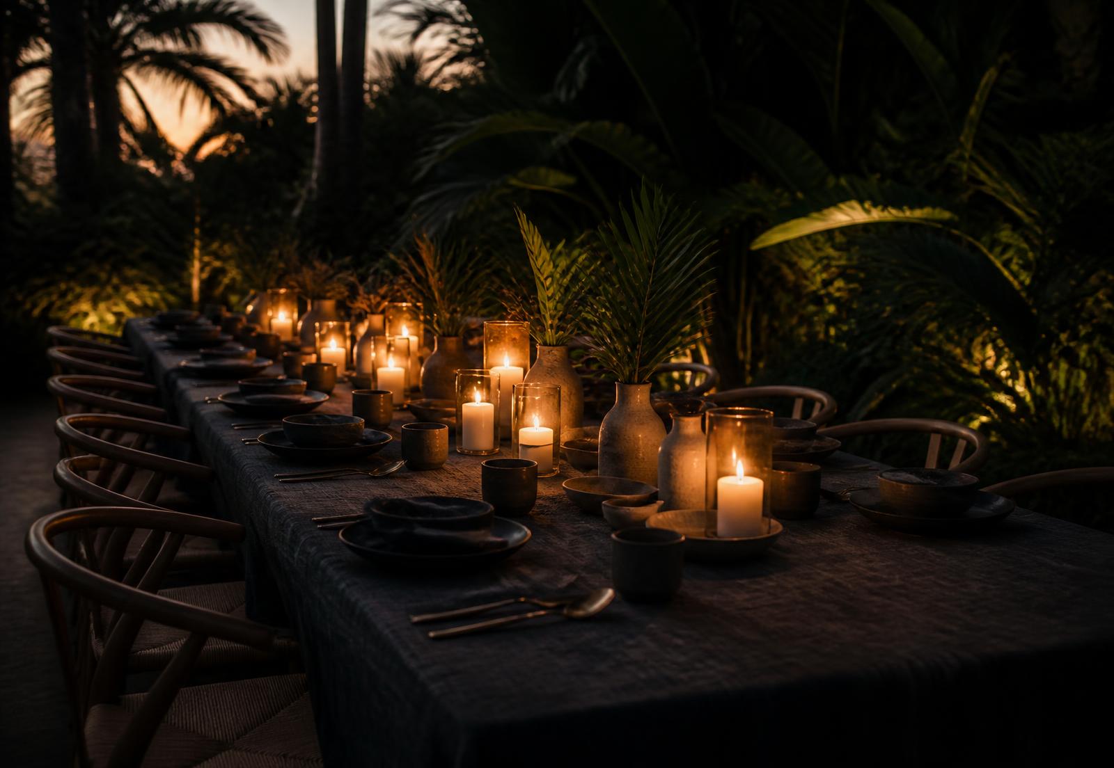 A long candlelit table set outdoors at dusk