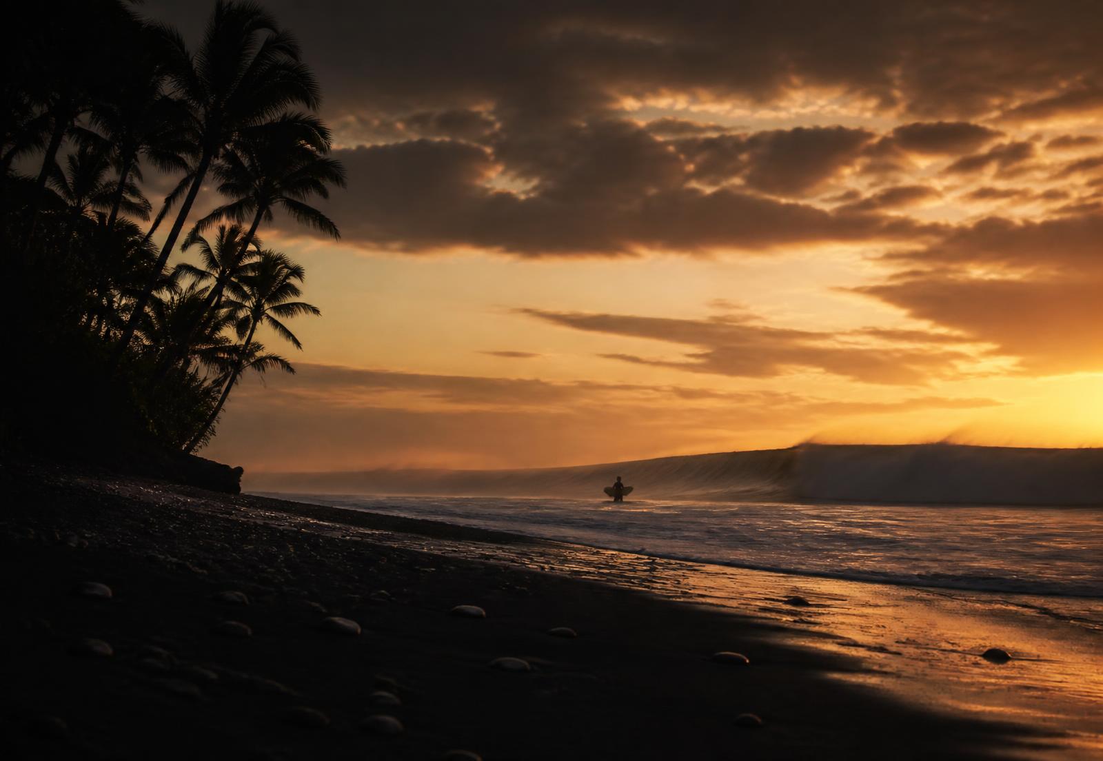 Dark sand beach and a long wave at sunset